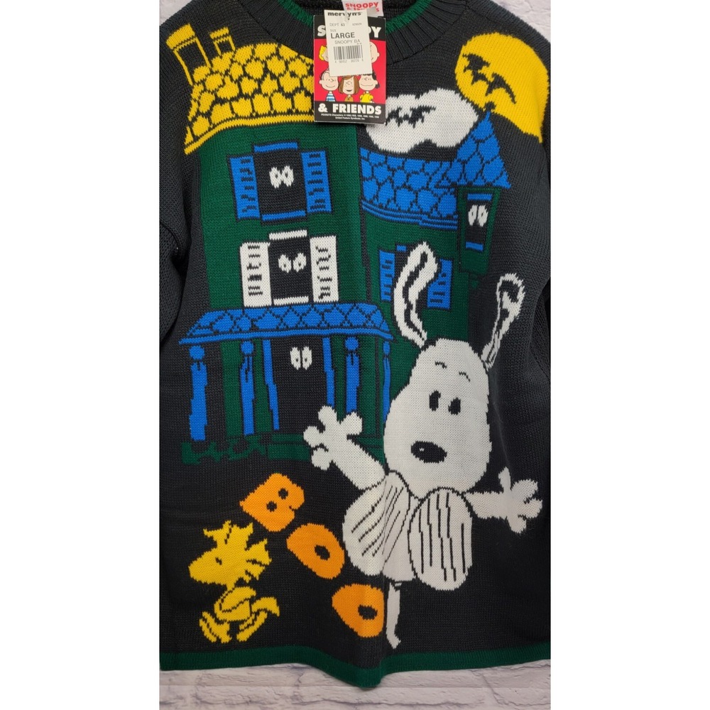 Vintage‎ Snoopy sz Large Halloween Sweater Woodstock BOO Haunted House USA NEW - Picture 5 of 9